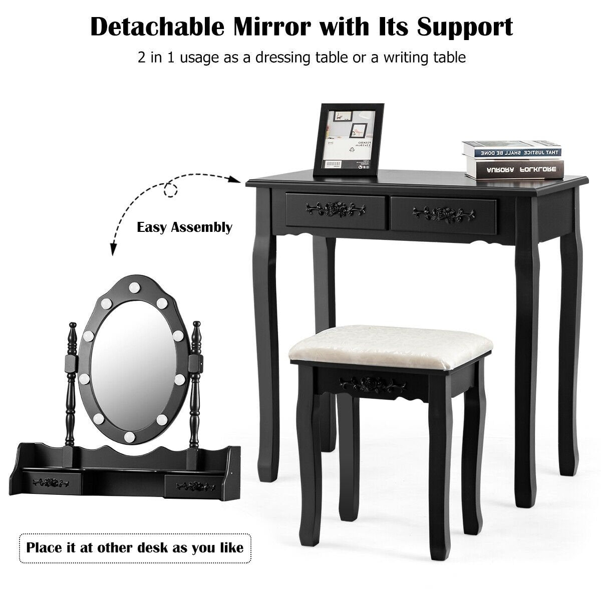 Vanity Table Set with Mirror and Soft Cushioned Stool, Black Makeup Vanities   at Gallery Canada