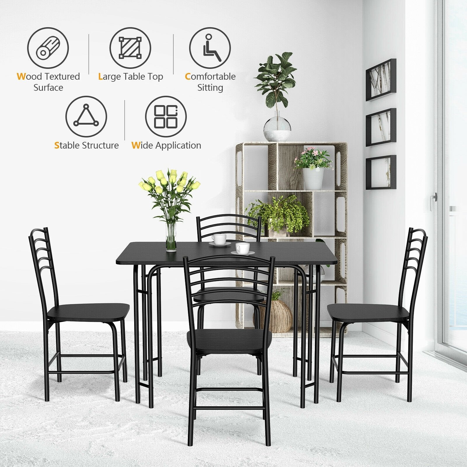 5 Pieces Wood Rectangular Dining Table Set, Black Dining Room Sets   at Gallery Canada