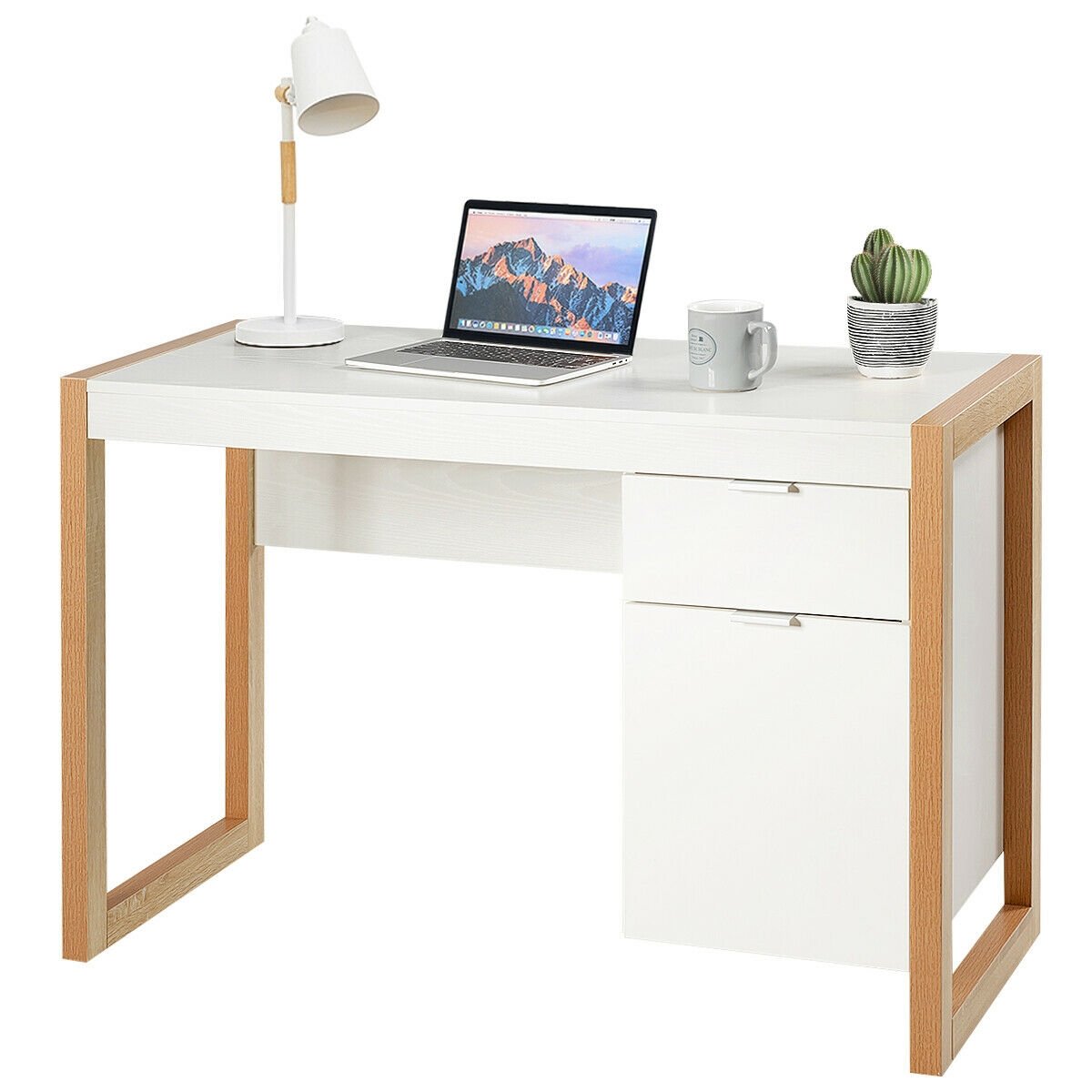 Modern Workstation Computer Desk with Storage Cabinet, White Writing Desks   at Gallery Canada