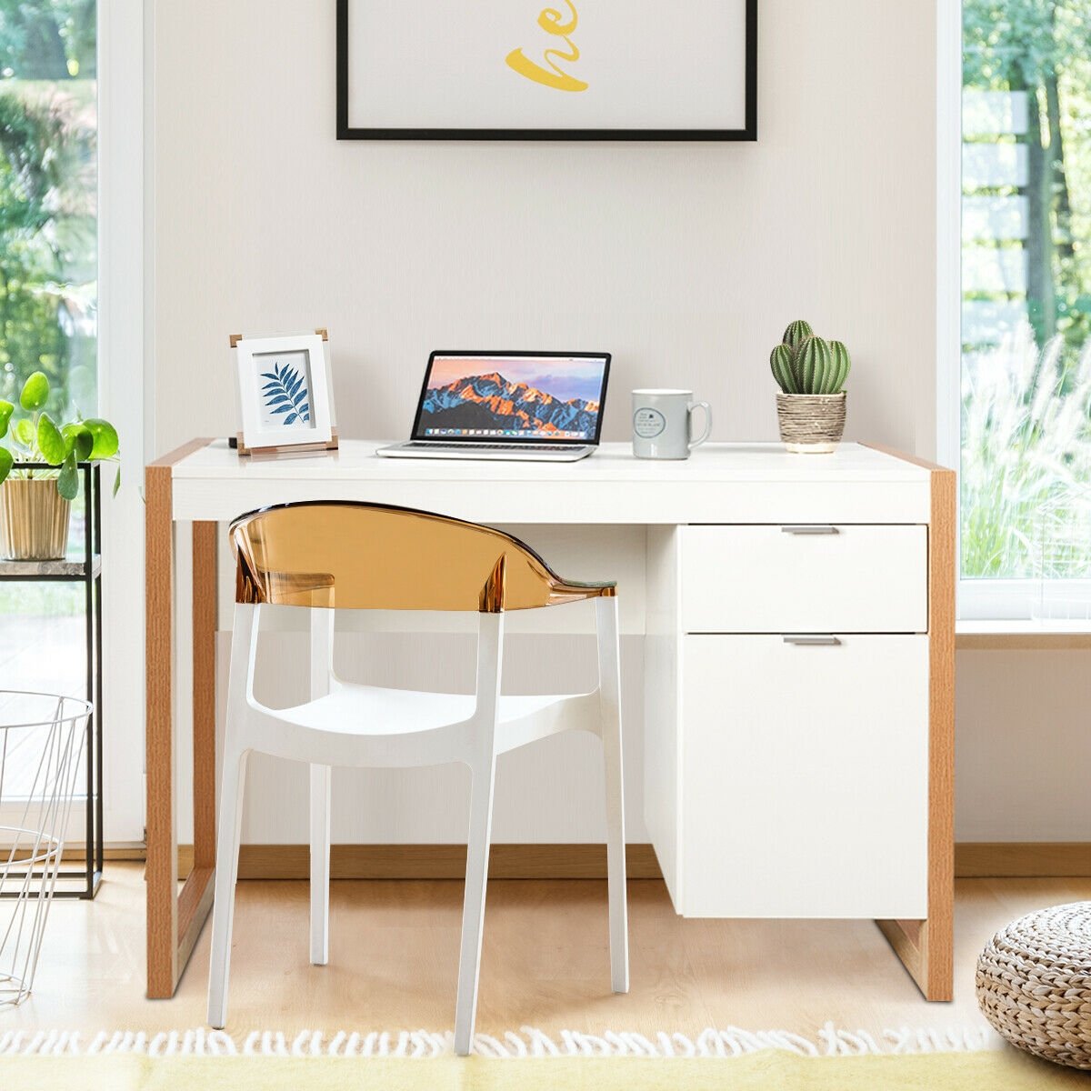 Modern Workstation Computer Desk with Storage Cabinet, White Writing Desks   at Gallery Canada