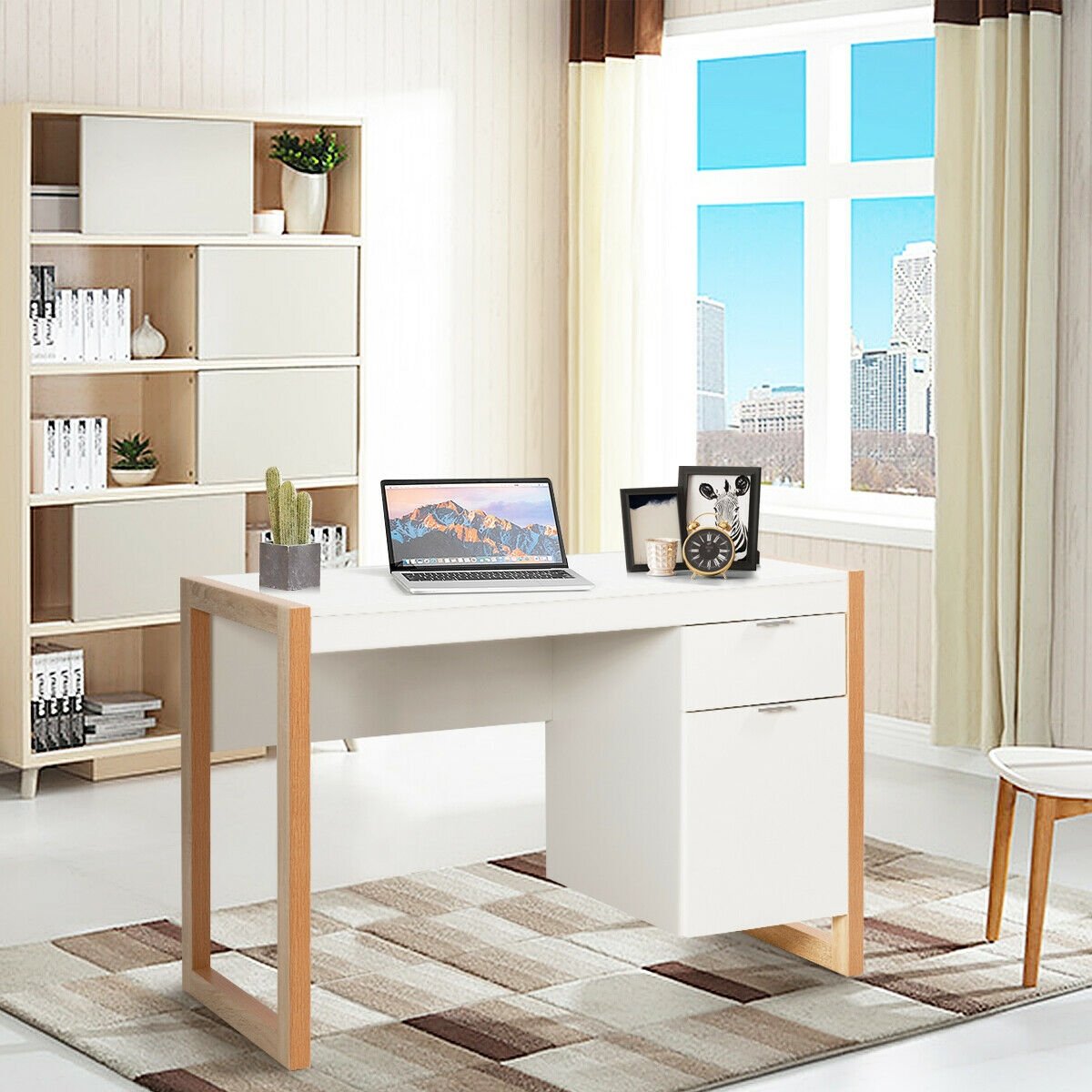 Modern Workstation Computer Desk with Storage Cabinet, White Writing Desks   at Gallery Canada