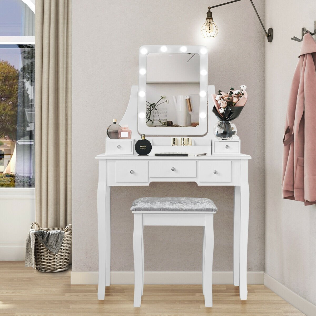 Vanity Dressing Table Set with 10 Dimmable Bulbs and Cushioned Stool, White Makeup Vanities   at Gallery Canada