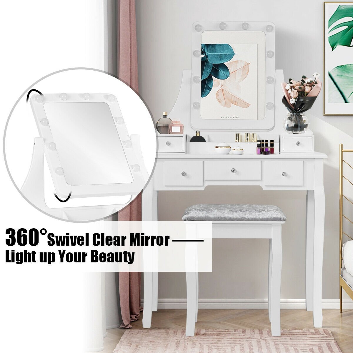 Vanity Dressing Table Set with 10 Dimmable Bulbs and Cushioned Stool, White - Gallery Canada