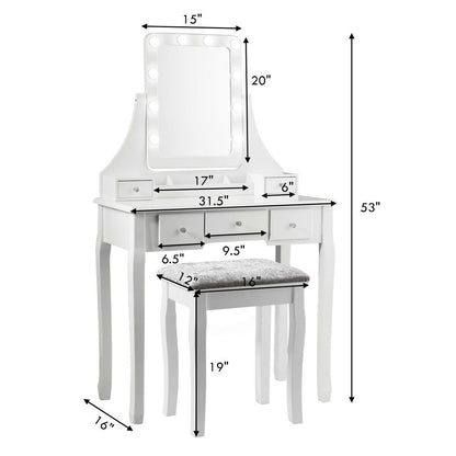 Vanity Dressing Table Set with 10 Dimmable Bulbs and Cushioned Stool, White Makeup Vanities   at Gallery Canada