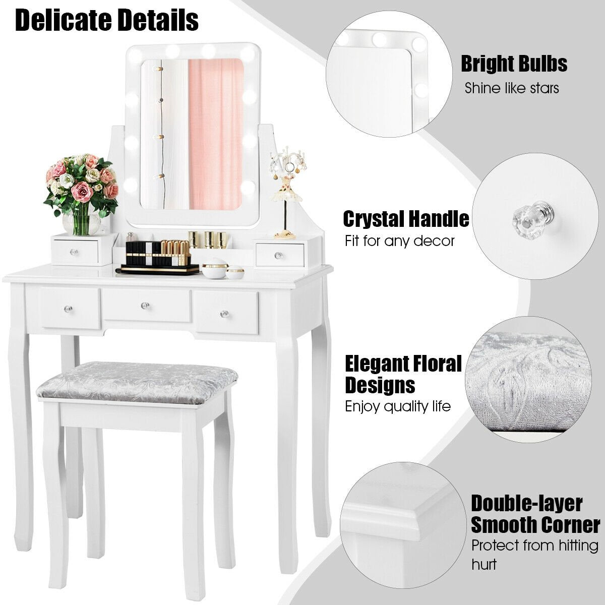 Vanity Dressing Table Set with 10 Dimmable Bulbs and Cushioned Stool, White Makeup Vanities   at Gallery Canada