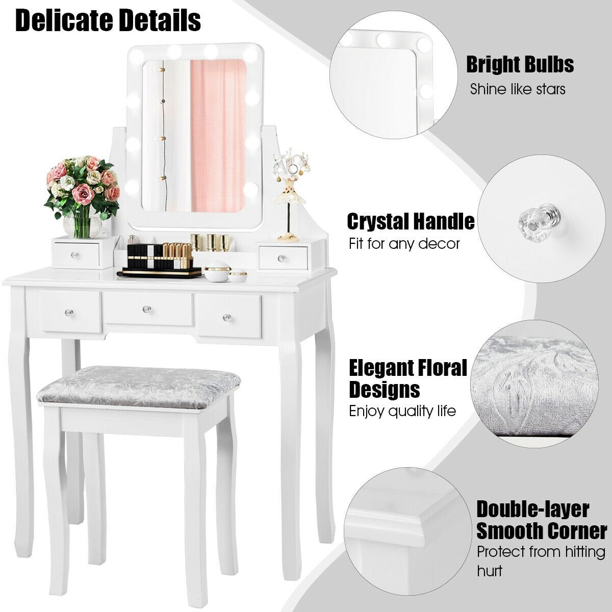 Vanity Dressing Table Set with 10 Dimmable Bulbs and Cushioned Stool, White - Gallery Canada