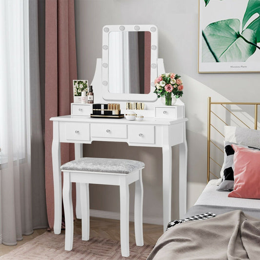 Vanity Dressing Table Set with 10 Dimmable Bulbs and Cushioned Stool, White Makeup Vanities   at Gallery Canada
