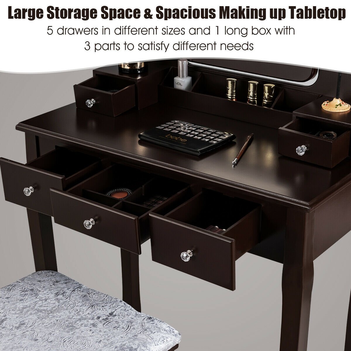 Vanity Dressing Table Set with 10 Dimmable Bulbs and Cushioned Stool, Brown Makeup Vanities   at Gallery Canada