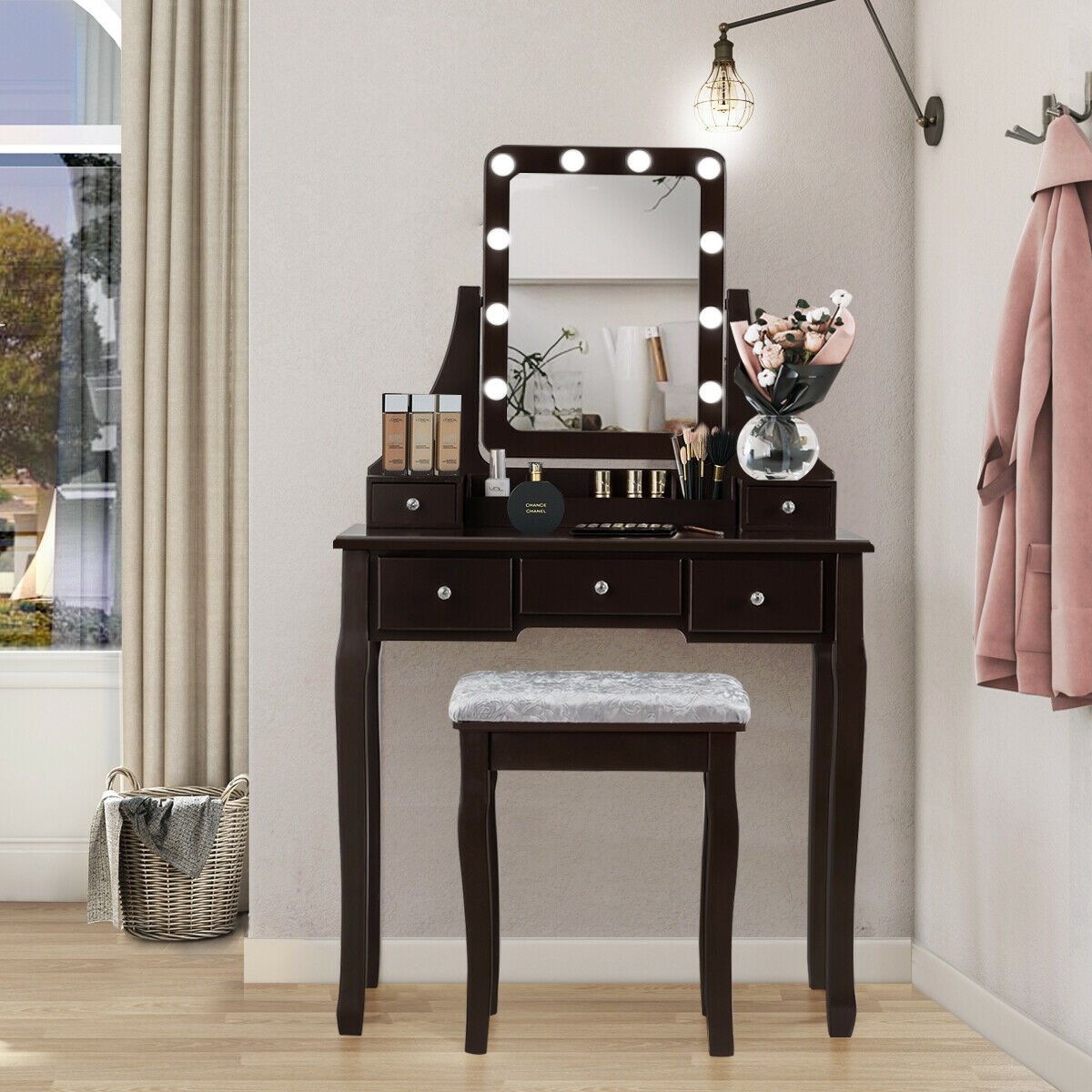 Vanity Dressing Table Set with 10 Dimmable Bulbs and Cushioned Stool, Brown Makeup Vanities   at Gallery Canada