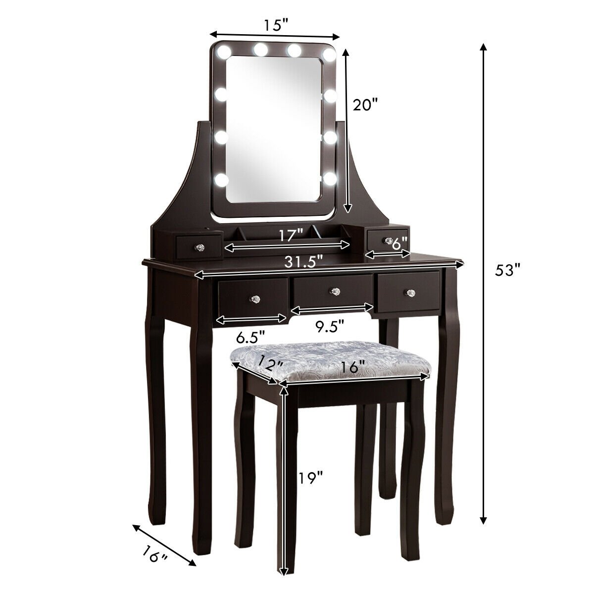 Vanity Dressing Table Set with 10 Dimmable Bulbs and Cushioned Stool, Brown Makeup Vanities   at Gallery Canada