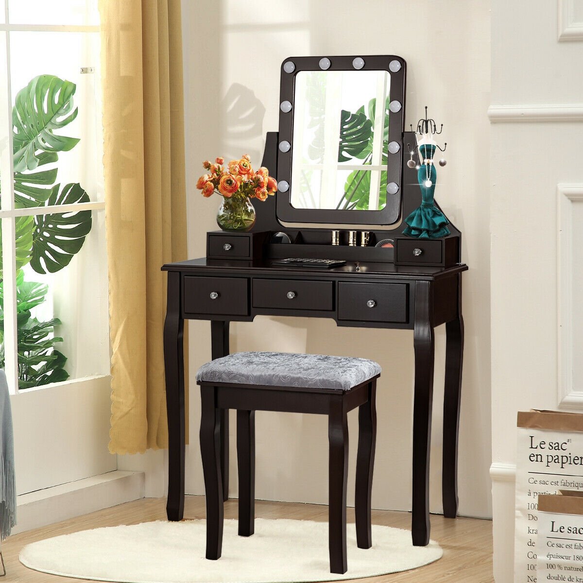 Vanity Dressing Table Set with 10 Dimmable Bulbs and Cushioned Stool, Brown - Gallery Canada