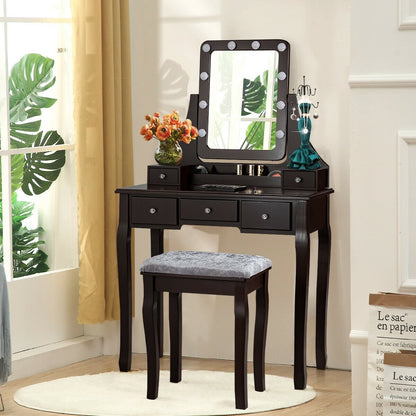 Vanity Dressing Table Set with 10 Dimmable Bulbs and Cushioned Stool, Brown - Gallery Canada