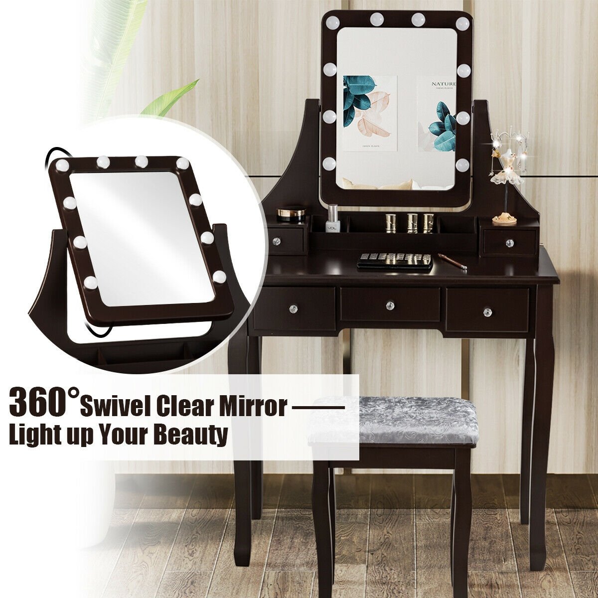 Vanity Dressing Table Set with 10 Dimmable Bulbs and Cushioned Stool, Brown - Gallery Canada