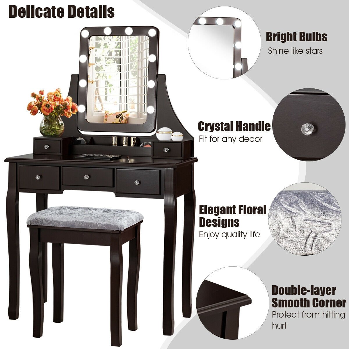 Vanity Dressing Table Set with 10 Dimmable Bulbs and Cushioned Stool, Brown Makeup Vanities   at Gallery Canada