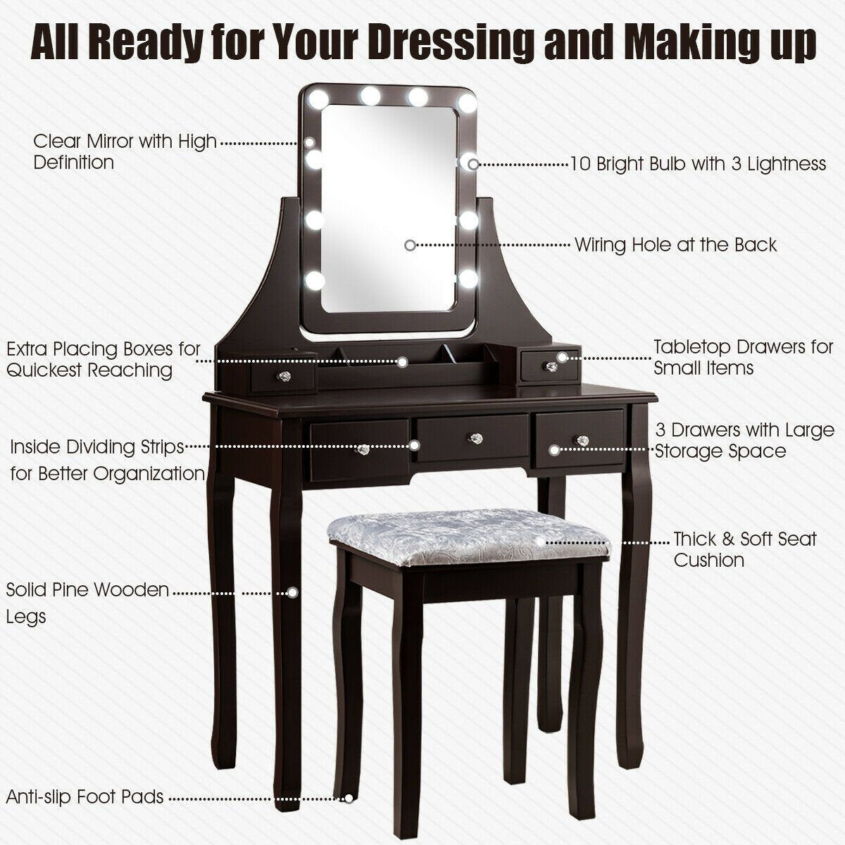 Vanity Dressing Table Set with 10 Dimmable Bulbs and Cushioned Stool, Brown - Gallery Canada