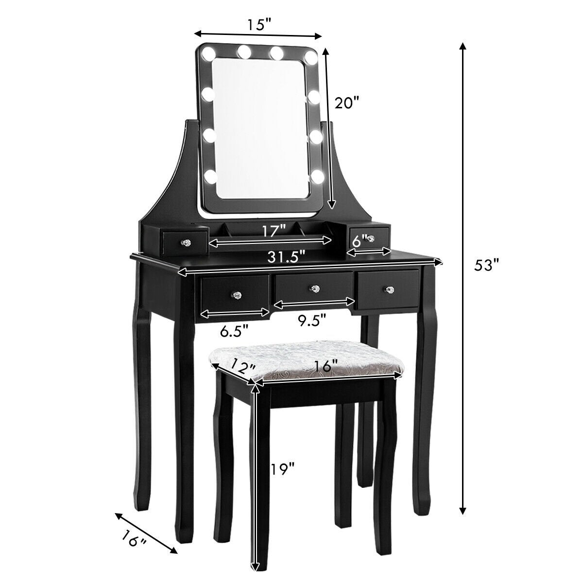 Vanity Dressing Table Set with 10 Dimmable Bulbs and Cushioned Stool, Black Makeup Vanities   at Gallery Canada