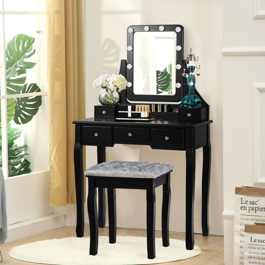 Vanity Dressing Table Set with 10 Dimmable Bulbs and Cushioned Stool, Black Makeup Vanities   at Gallery Canada