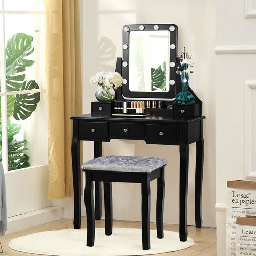 Vanity Dressing Table Set with 10 Dimmable Bulbs and Cushioned Stool, Black