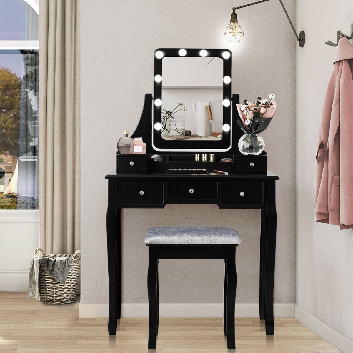 Vanity Dressing Table Set with 10 Dimmable Bulbs and Cushioned Stool, Black Makeup Vanities   at Gallery Canada