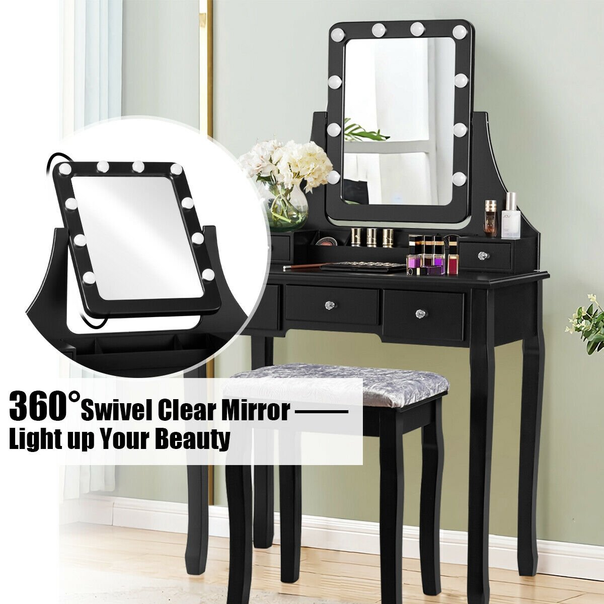 Vanity Dressing Table Set with 10 Dimmable Bulbs and Cushioned Stool, Black Makeup Vanities   at Gallery Canada