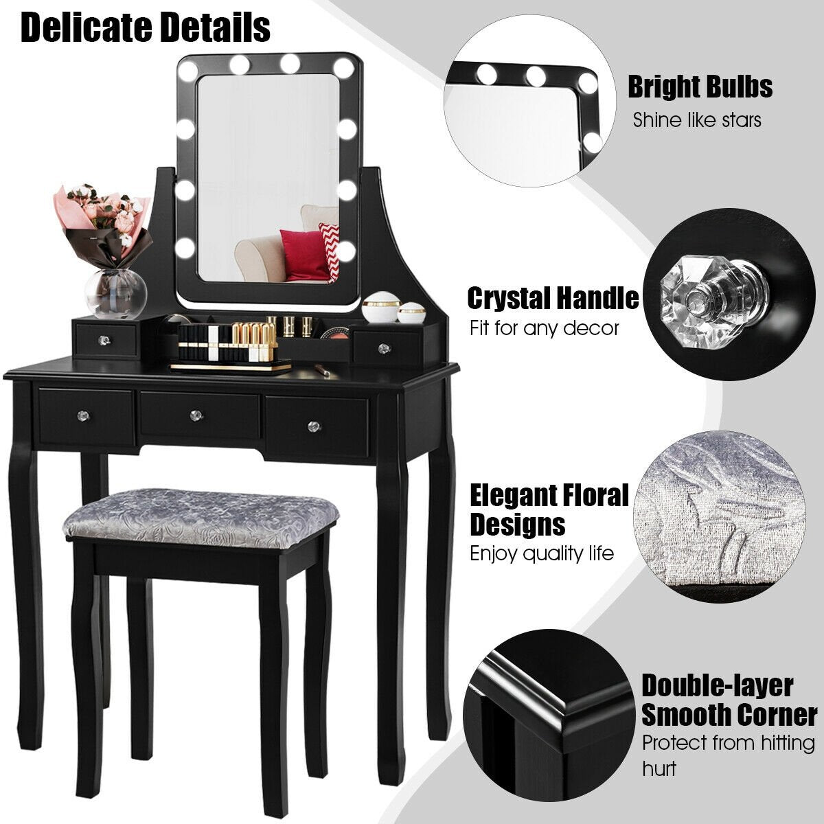 Vanity Dressing Table Set with 10 Dimmable Bulbs and Cushioned Stool, Black Makeup Vanities   at Gallery Canada