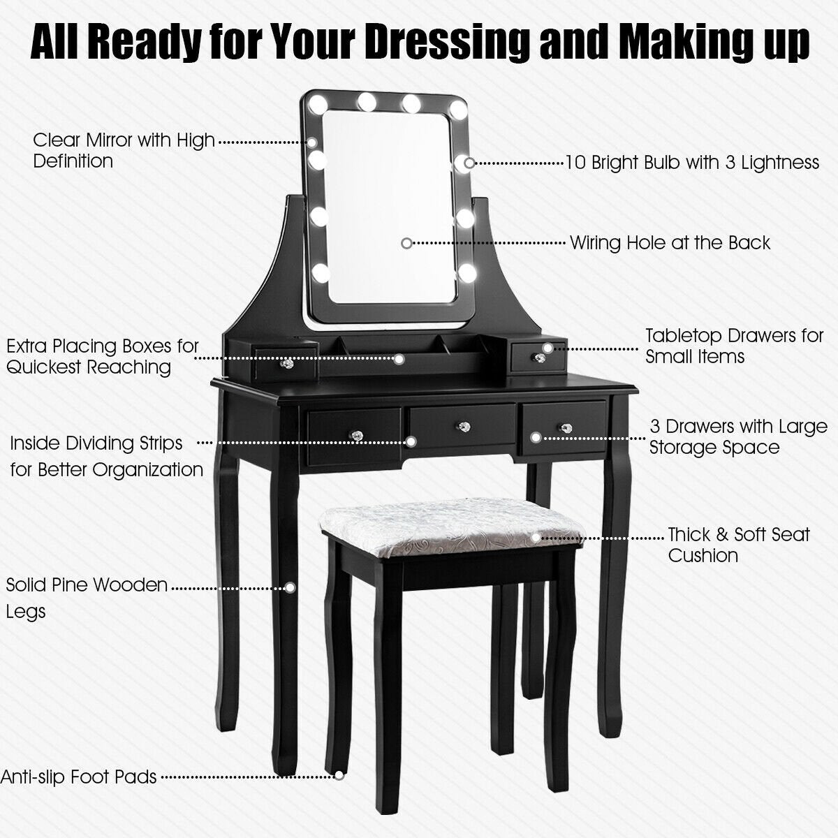 Vanity Dressing Table Set with 10 Dimmable Bulbs and Cushioned Stool, Black Makeup Vanities   at Gallery Canada