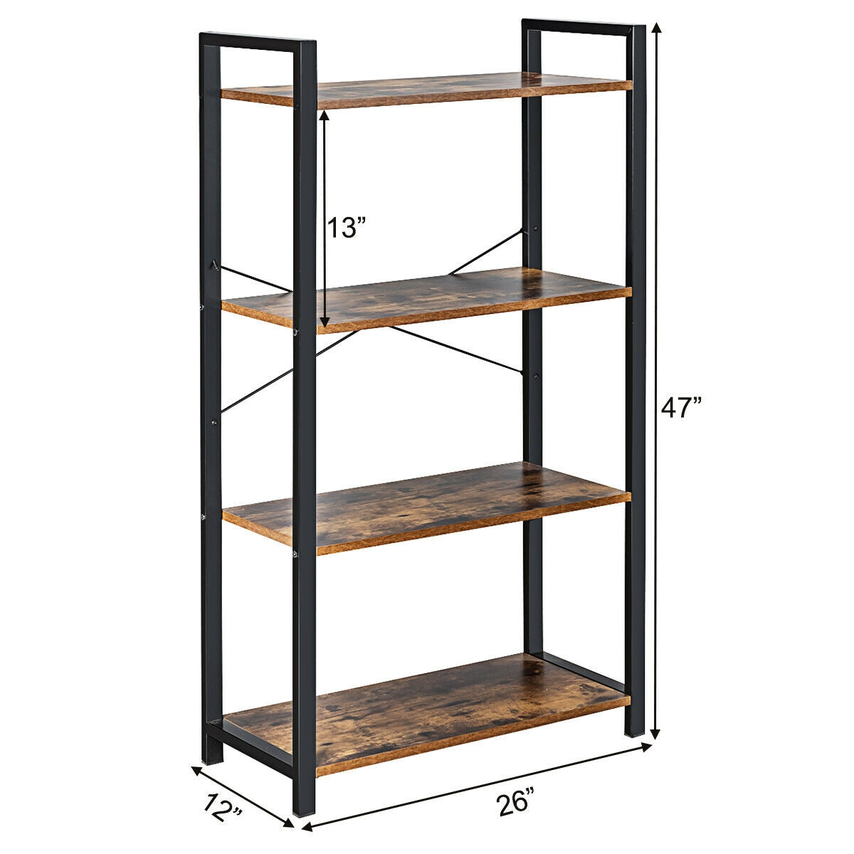 4-Tier Industrial Bookshelf with Metal Frame, Brown Bookcases   at Gallery Canada