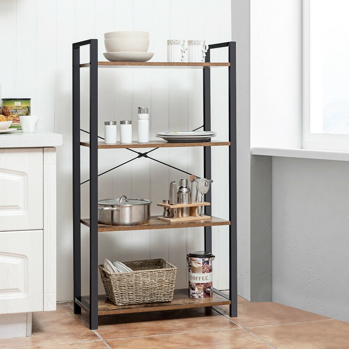 4-Tier Industrial Bookshelf with Metal Frame, Brown Bookcases   at Gallery Canada