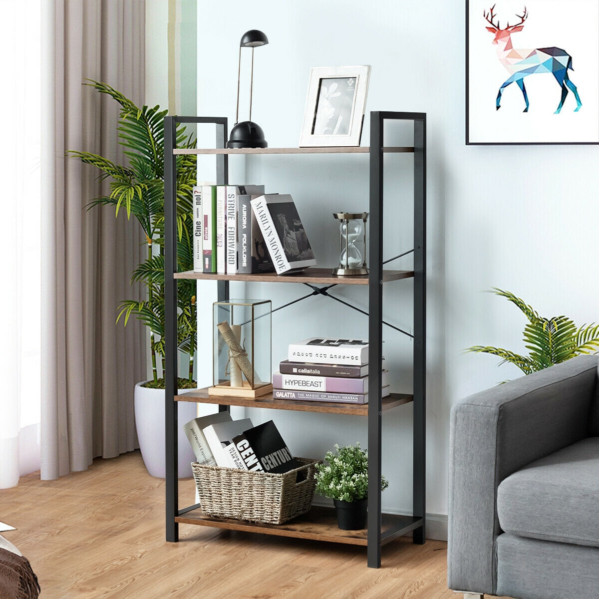 4-Tier Industrial Bookshelf with Metal Frame, Brown Bookcases   at Gallery Canada