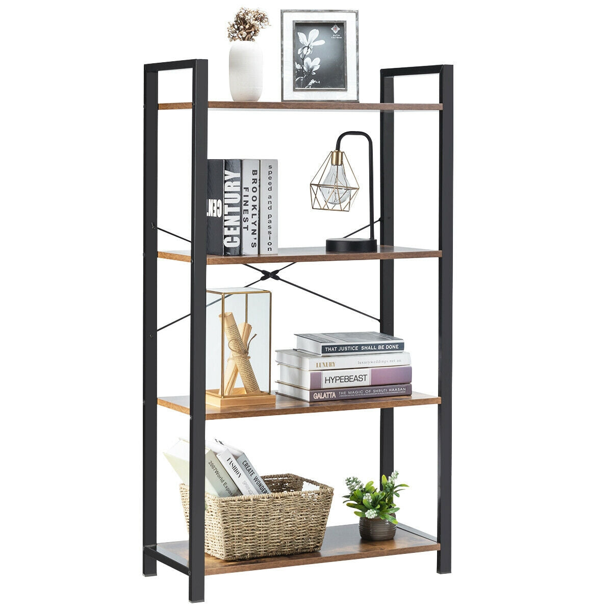 4-Tier Industrial Bookshelf with Metal Frame, Brown Bookcases   at Gallery Canada