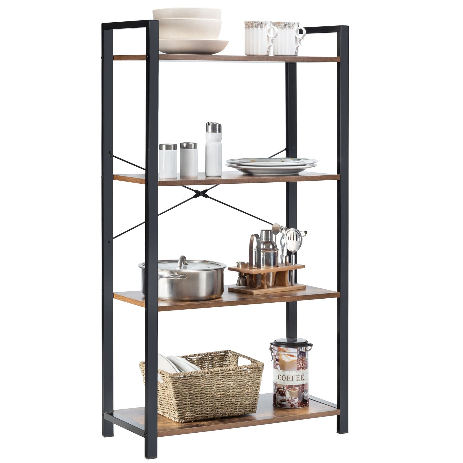 4-Tier Industrial Bookshelf with Metal Frame, Brown Bookcases   at Gallery Canada