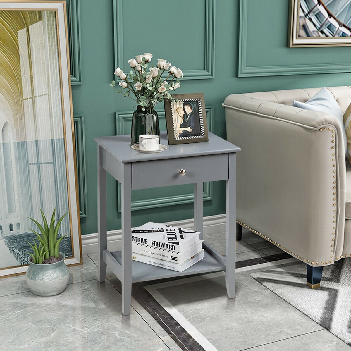 Wooden Bedside Sofa Table with Sliding Drawer, Gray Nightstands at Gallery Canada