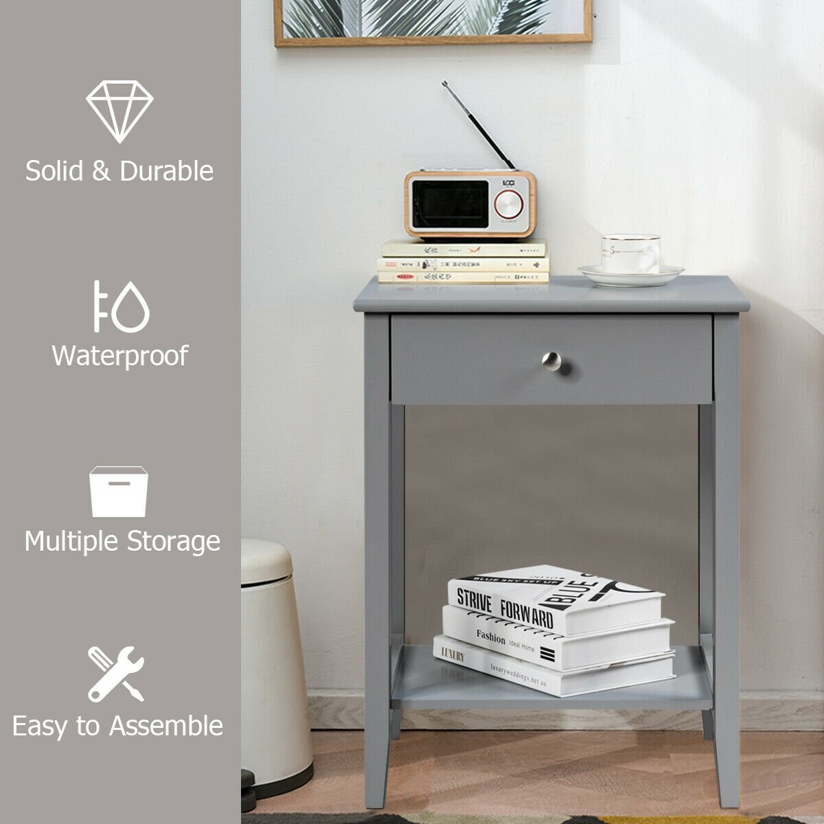 Wooden Bedside Sofa Table with Sliding Drawer, Gray Nightstands at Gallery Canada