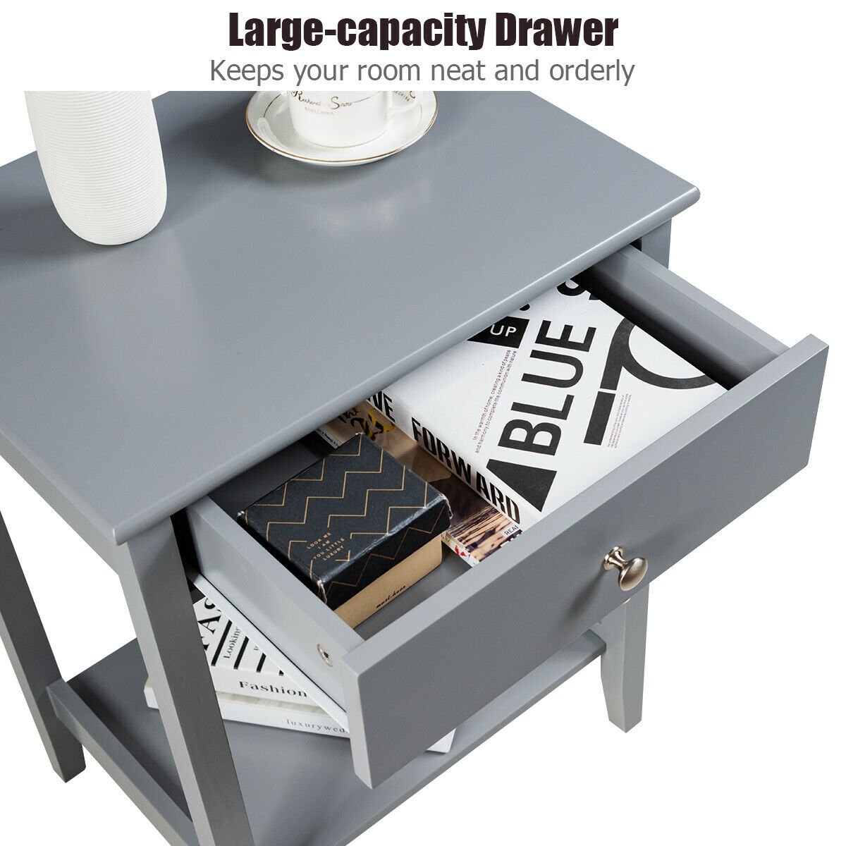 Wooden Bedside Sofa Table with Sliding Drawer, Gray Nightstands at Gallery Canada