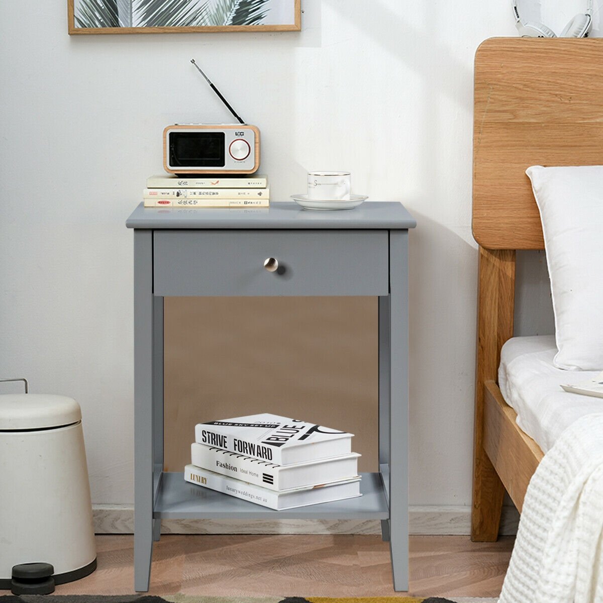 Wooden Bedside Sofa Table with Sliding Drawer, Gray Nightstands at Gallery Canada