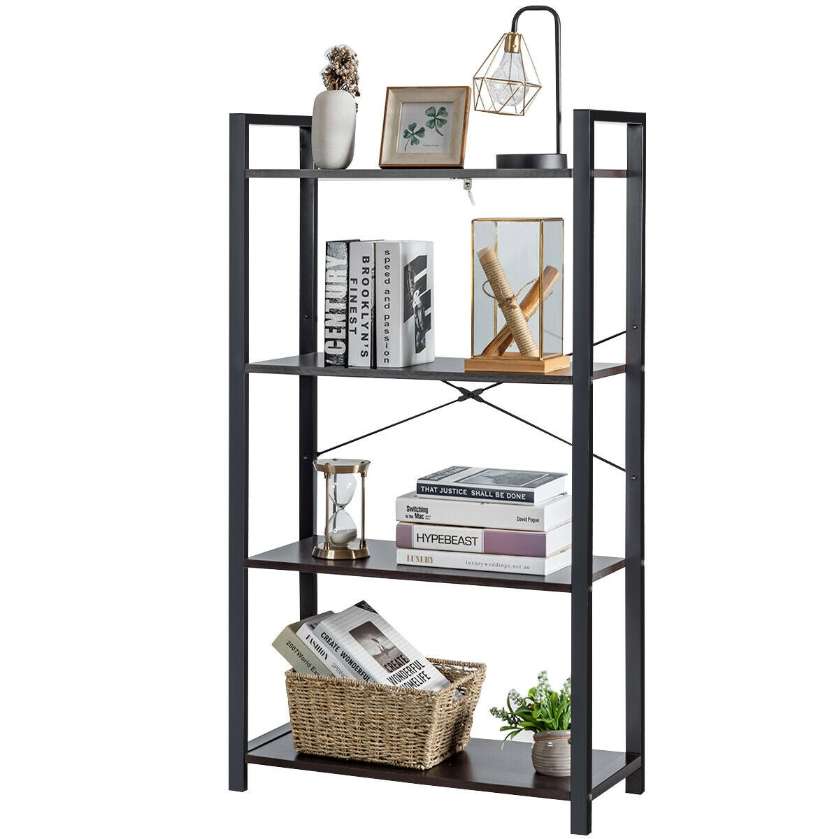 4-Tier Bookshelf Industrial Bookcase Plant Flower Stand, Black Bookcases   at Gallery Canada