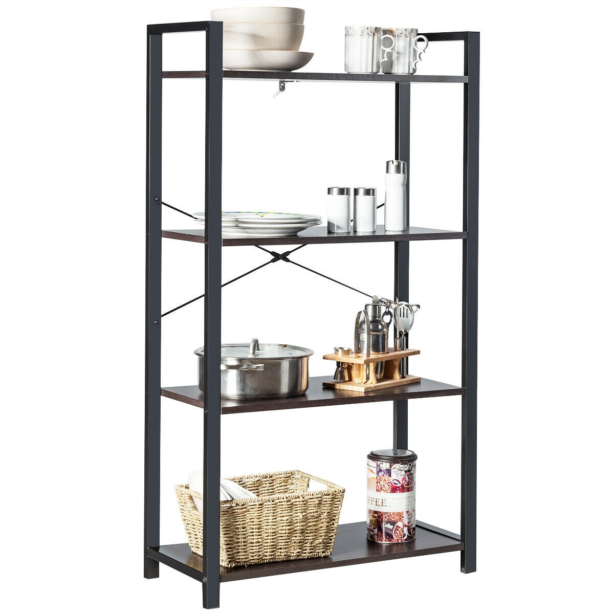 4-Tier Bookshelf Industrial Bookcase Plant Flower Stand, Black Bookcases   at Gallery Canada