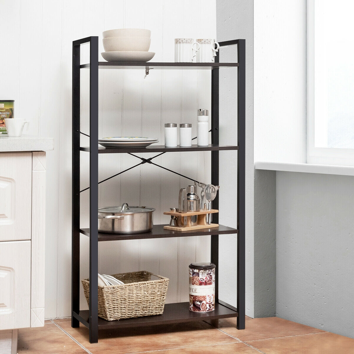 4-Tier Bookshelf Industrial Bookcase Plant Flower Stand, Black Bookcases   at Gallery Canada