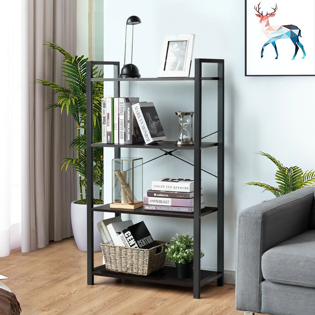 4-Tier Bookshelf Industrial Bookcase Plant Flower Stand, Black Bookcases   at Gallery Canada