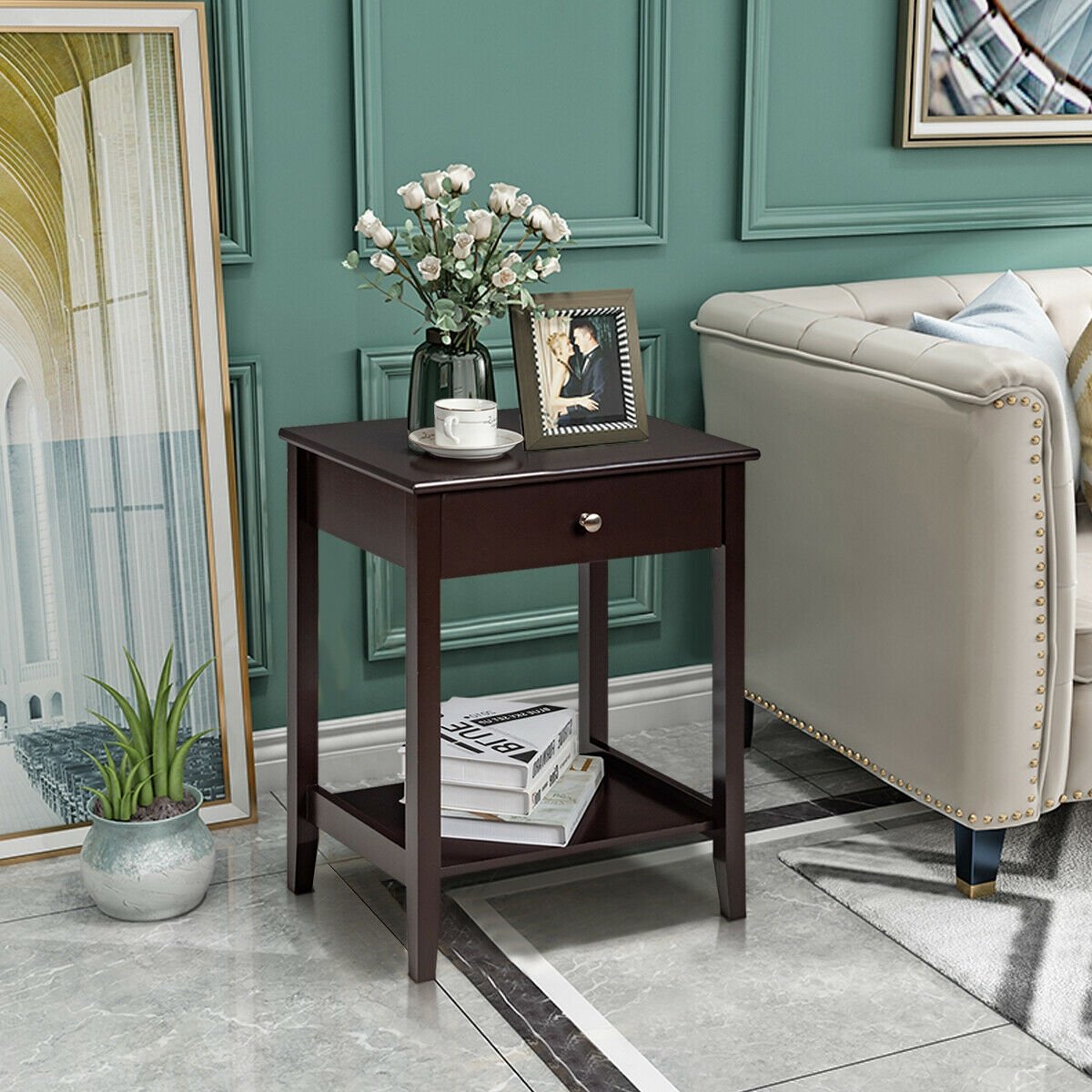 Wooden Bedside Sofa Table with Sliding Drawer, Brown Nightstands at Gallery Canada
