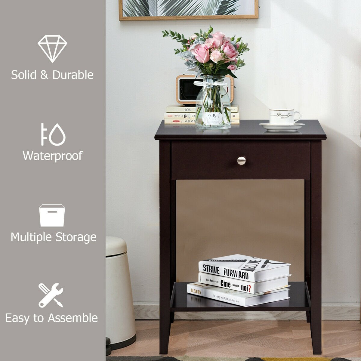 Wooden Bedside Sofa Table with Sliding Drawer, Brown Nightstands at Gallery Canada