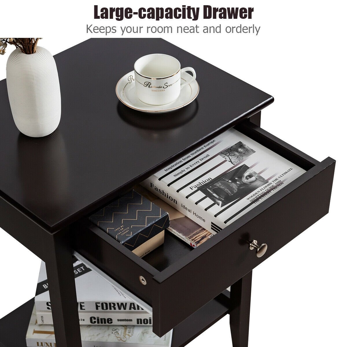 Wooden Bedside Sofa Table with Sliding Drawer, Brown Nightstands at Gallery Canada