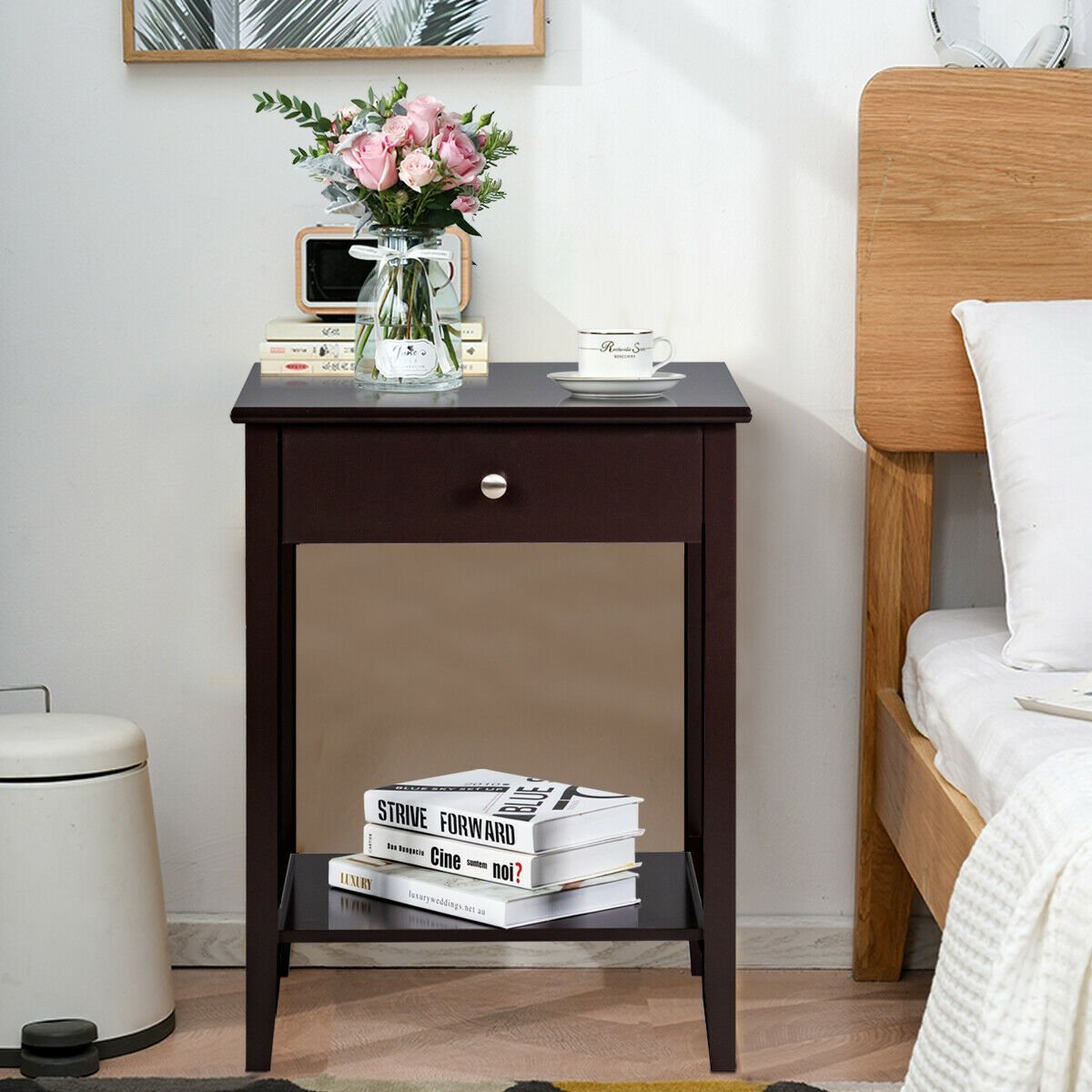 Wooden Bedside Sofa Table with Sliding Drawer, Brown Nightstands at Gallery Canada