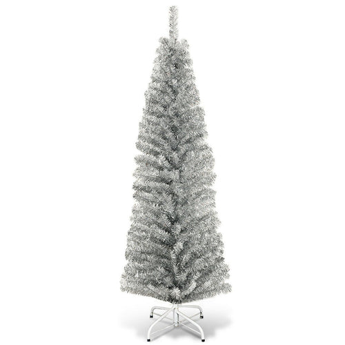 6 Feet Tinsel Tree Unlit Slim Pencil Christmas Tree, Silver