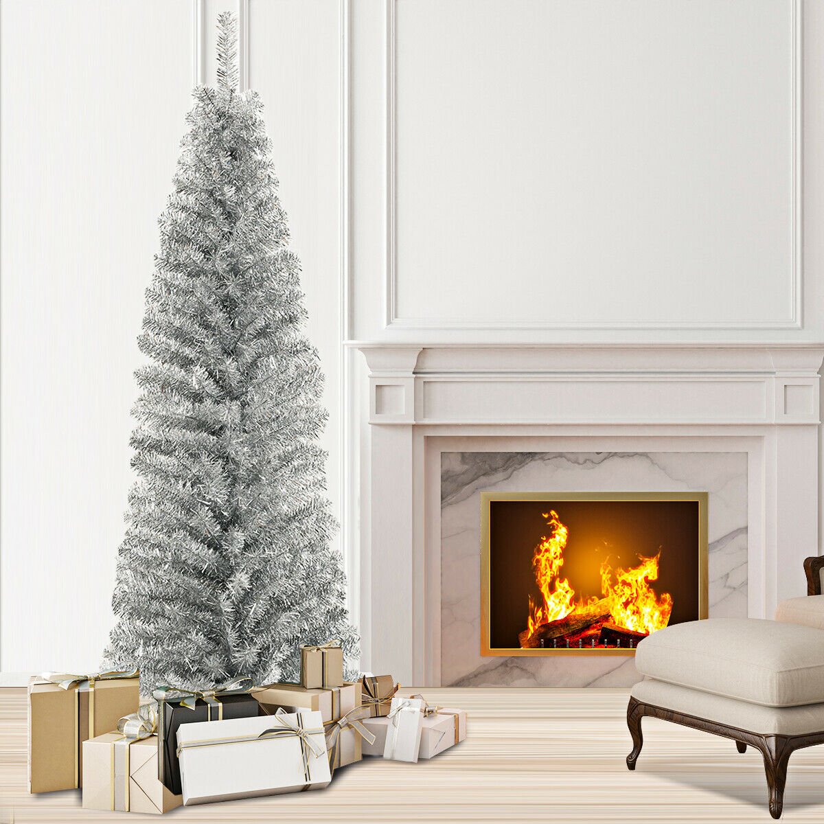 6 Feet Tinsel Tree Unlit Slim Pencil Christmas Tree, Silver Christmas Tree   at Gallery Canada