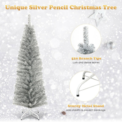 6 Feet Tinsel Tree Unlit Slim Pencil Christmas Tree, Silver Christmas Tree   at Gallery Canada