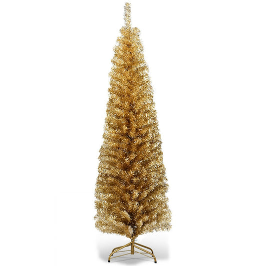 6 Feet Tinsel Tree Unlit Slim Pencil Christmas Tree-Champagne, Yellow Christmas Tree   at Gallery Canada