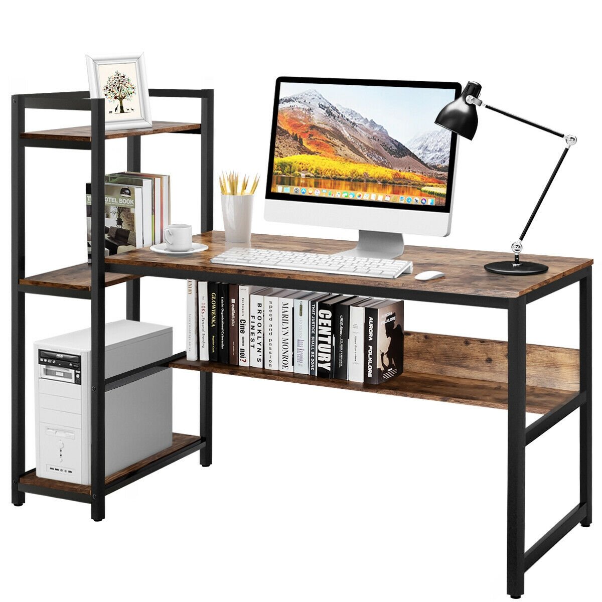 59-Inch Computer Desk Home Office Workstation 4-Tier Storage Shelves-Rustic Browm, Rustic Brown Computer Desks   at Gallery Canada