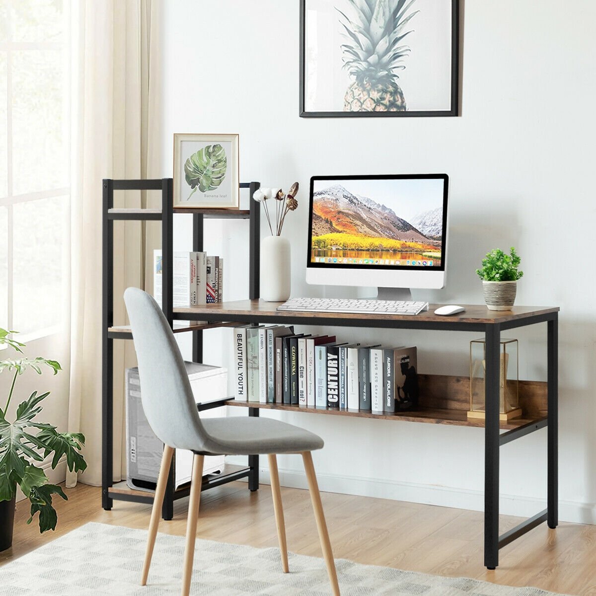 59-Inch Computer Desk Home Office Workstation 4-Tier Storage Shelves-Rustic Browm, Rustic Brown Computer Desks   at Gallery Canada