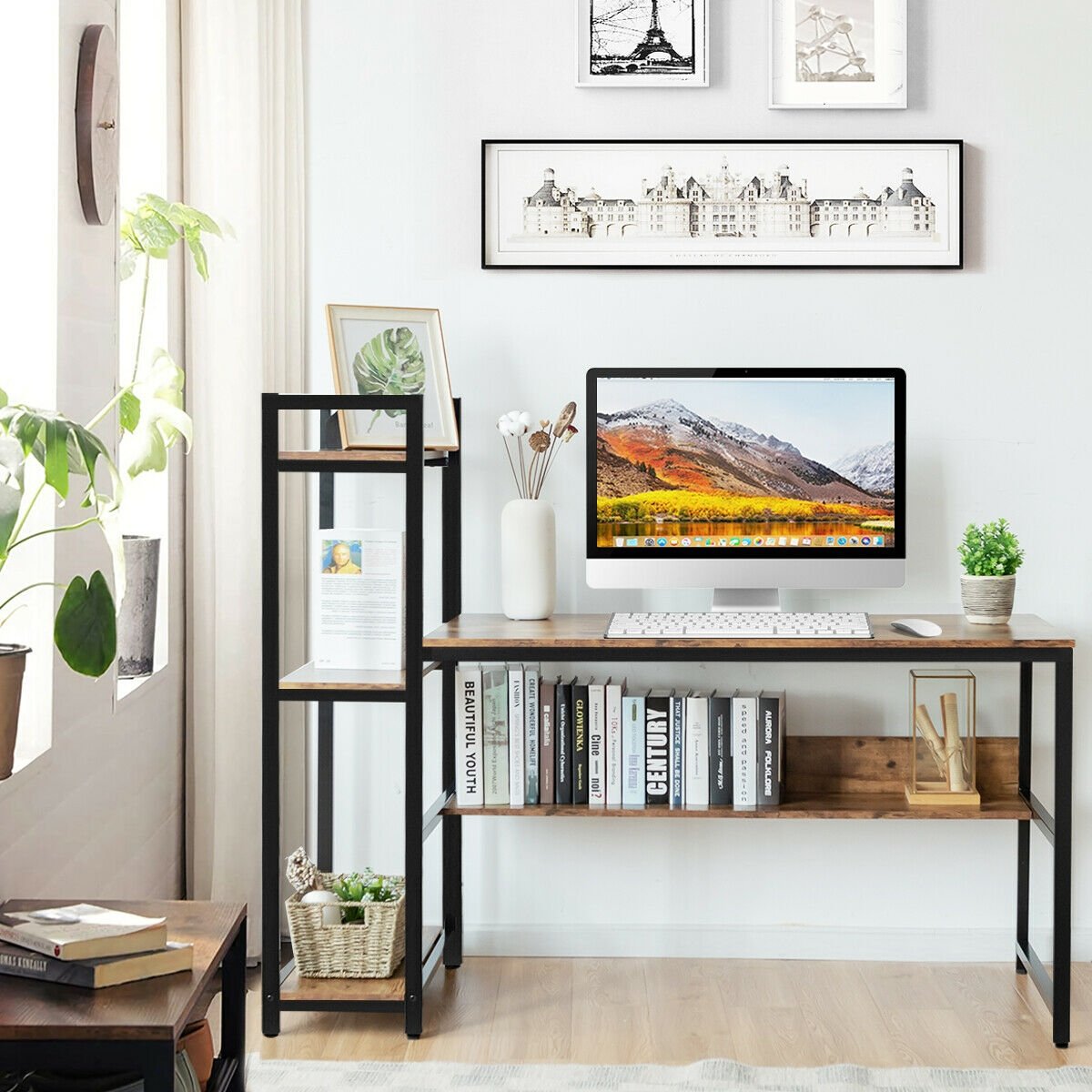 59-Inch Computer Desk Home Office Workstation 4-Tier Storage Shelves-Rustic Browm, Rustic Brown Computer Desks   at Gallery Canada